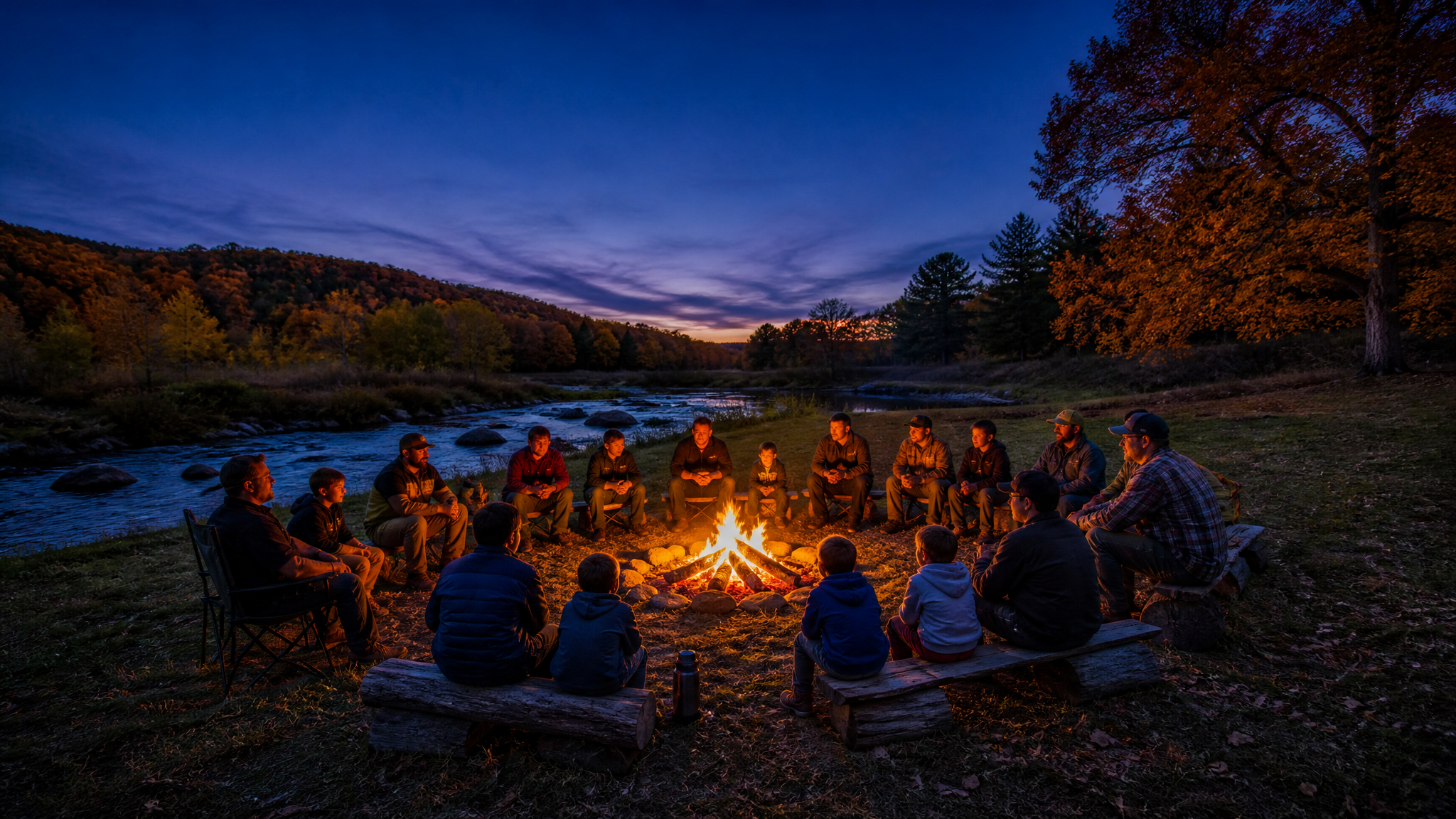 Fathers and sons gathered around a campfire by a country stream in the fall at Father Son Camp